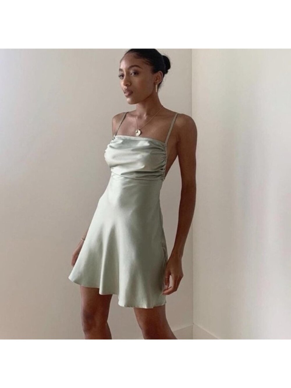 Danielle Bernstein Revolve Womens Green Satin Ruched Slip Mini Dress Size 0